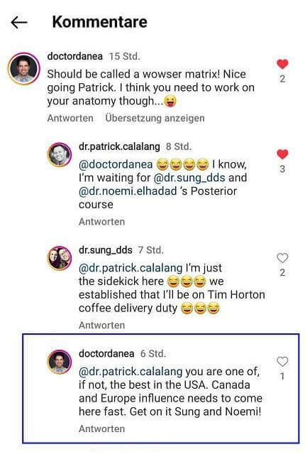 Commenti entusiasti di molti dentisti sulla matrice dentale al post del Dr. Patrick Calalang, USA